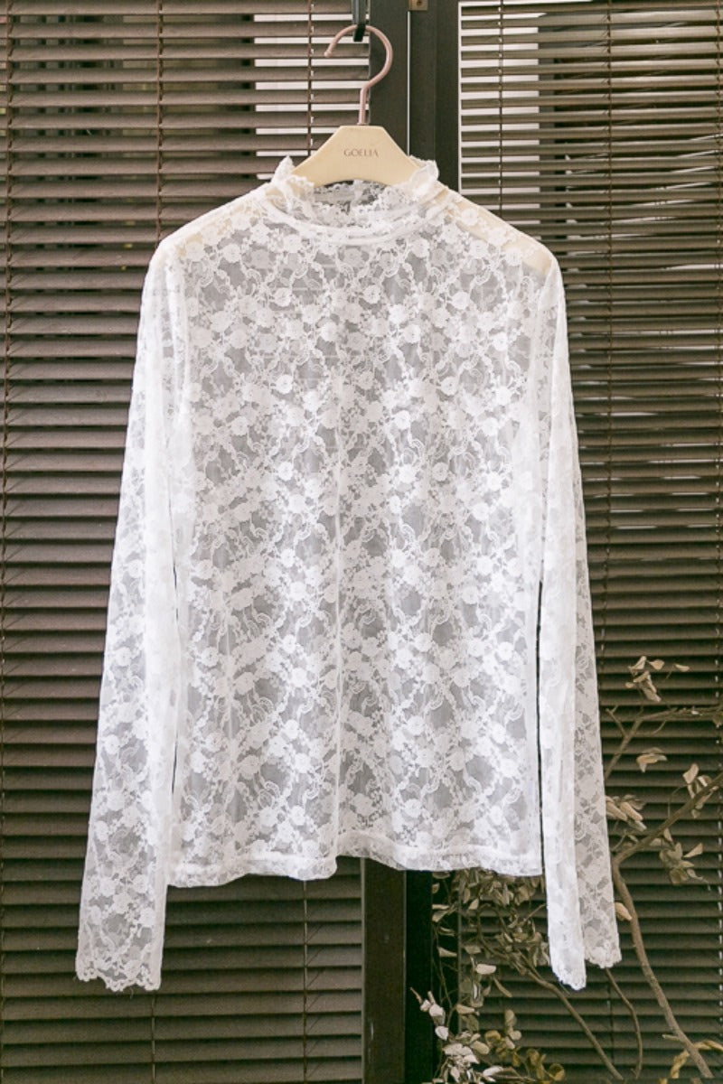 Frilled High Neck Lace Layering Top - white