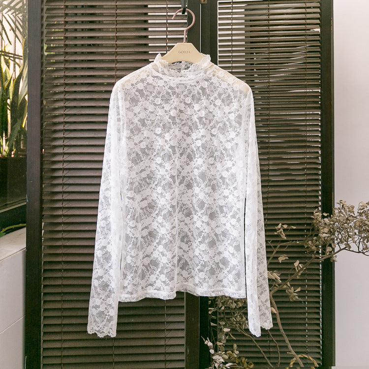 Frilled High Neck Lace Layering Top - white - 4