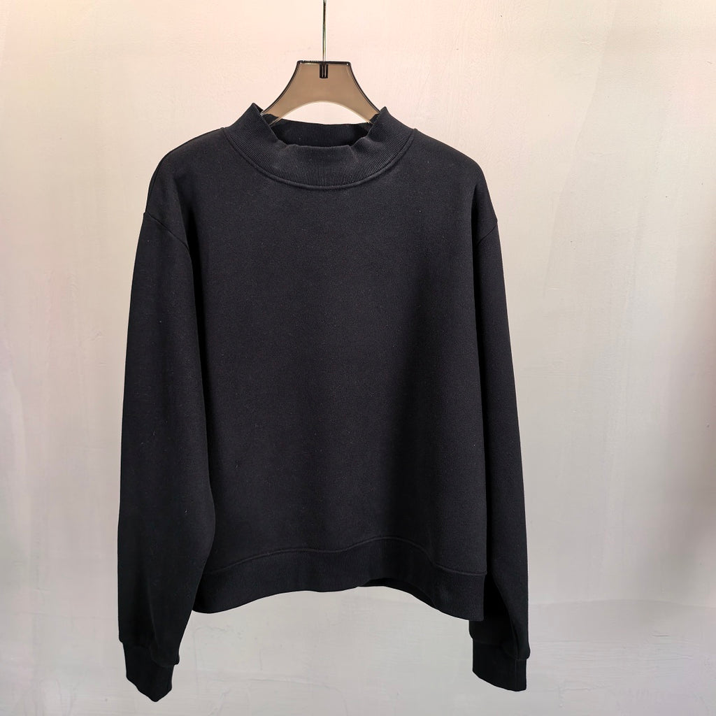 Brushed Fleece Mock Neck Drop Shoulder Sweatshirt - Black