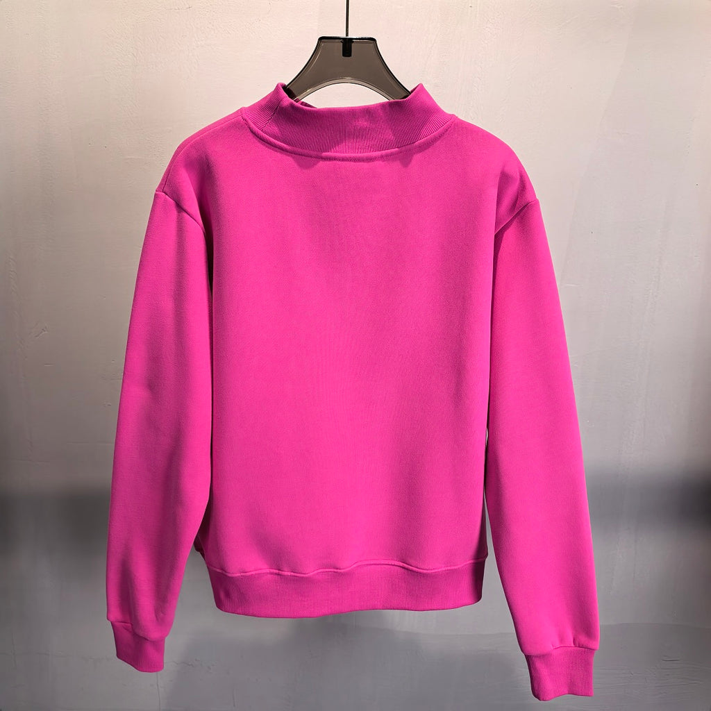 Brushed Fleece Mock Neck Drop Shoulder Sweatshirt - Fuchsia - 1