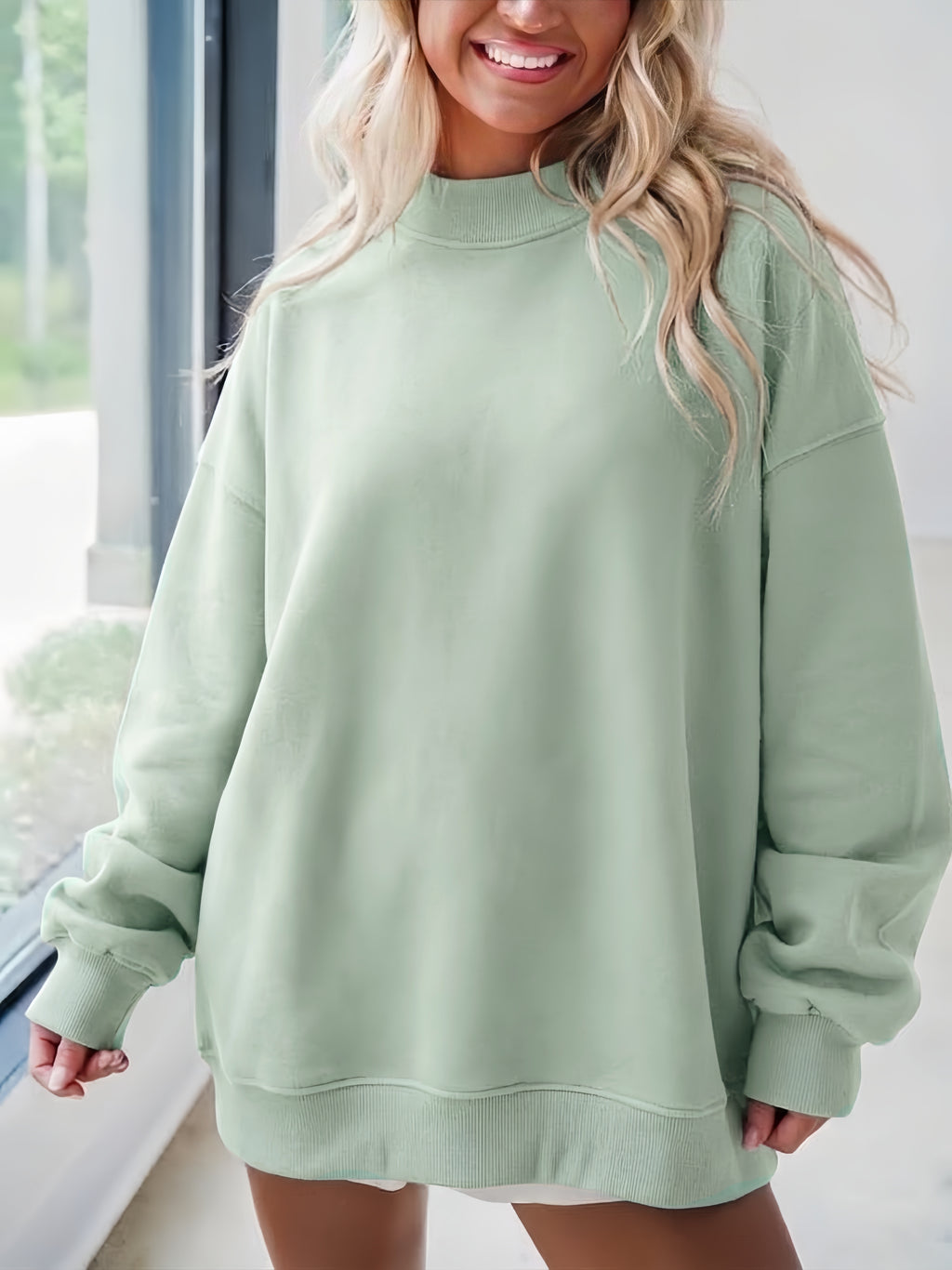 Brushed Fleece Mock Neck Drop Shoulder Sweatshirt - Sage