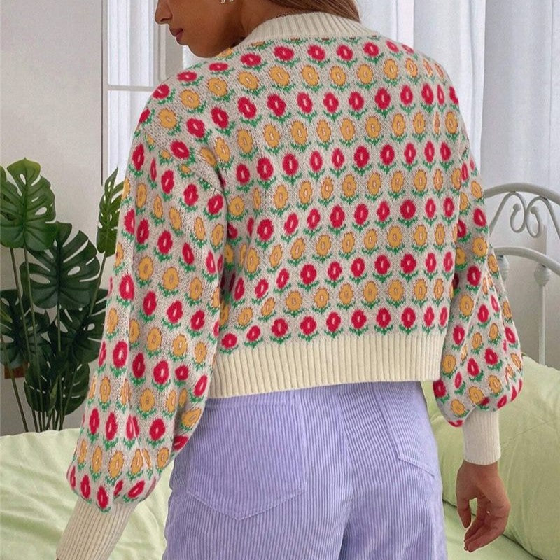 Floral Jacquard Cropped Balloon Sleeve Cardigan - Apricot - 1