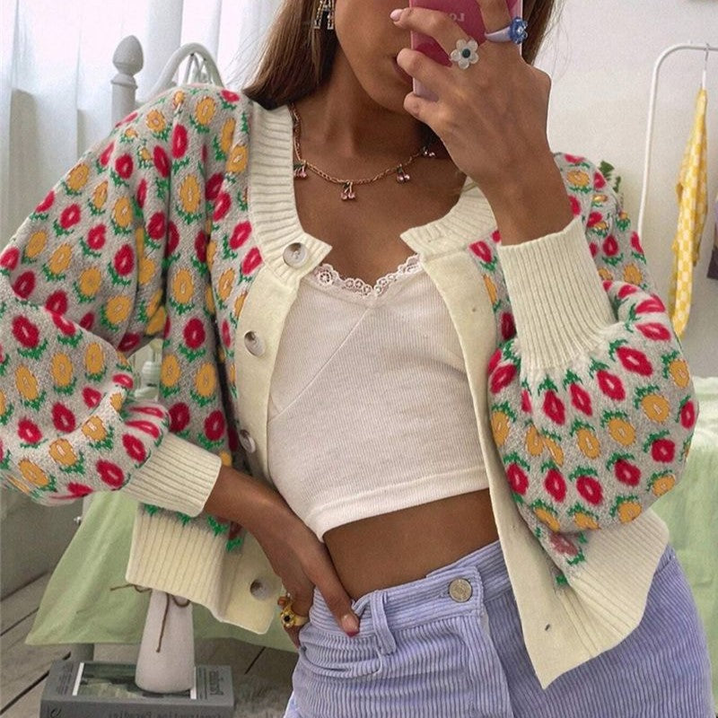 Floral Jacquard Cropped Balloon Sleeve Cardigan - Apricot - 2