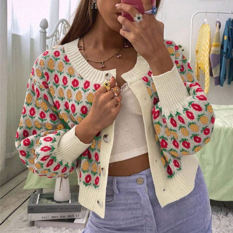 Floral Jacquard Cropped Balloon Sleeve Cardigan - Apricot - 3