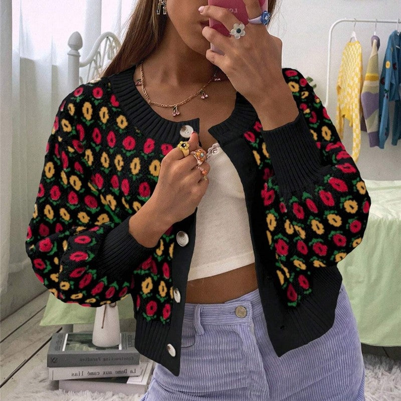 Floral Jacquard Cropped Balloon Sleeve Cardigan - Black - 1