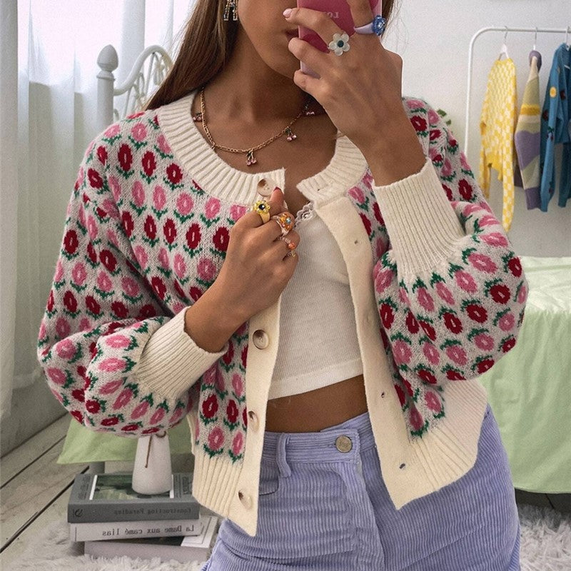 Floral Jacquard Cropped Balloon Sleeve Cardigan - Peach - 2