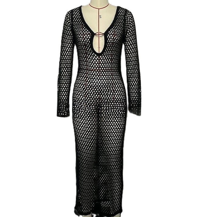 Open Mesh Ring Detail Long Sleeve Maxi Dress - Black