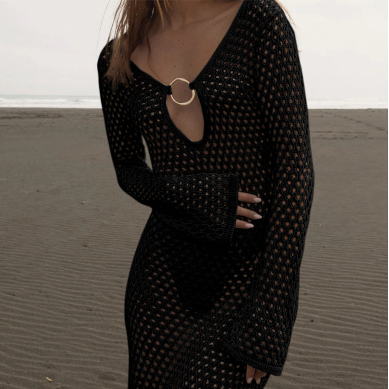 Open Mesh Ring Detail Long Sleeve Maxi Dress - Black - 2