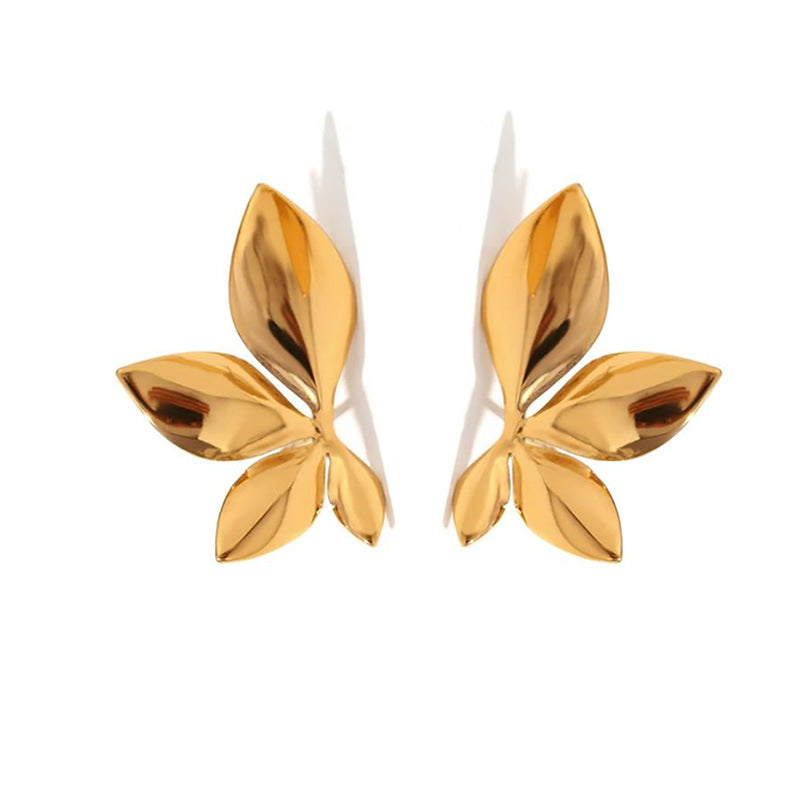 Sculpted Leaf Cluster Stud Earrings - Gold