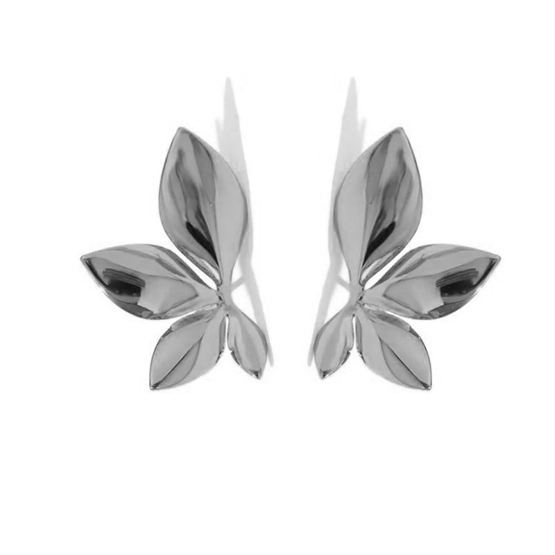 Sculpted Leaf Cluster Stud Earrings - Silver