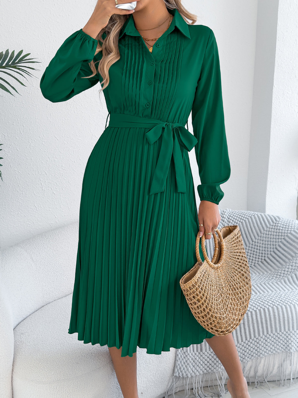 Collared Pleated Long Sleeve Midi Dress - Green