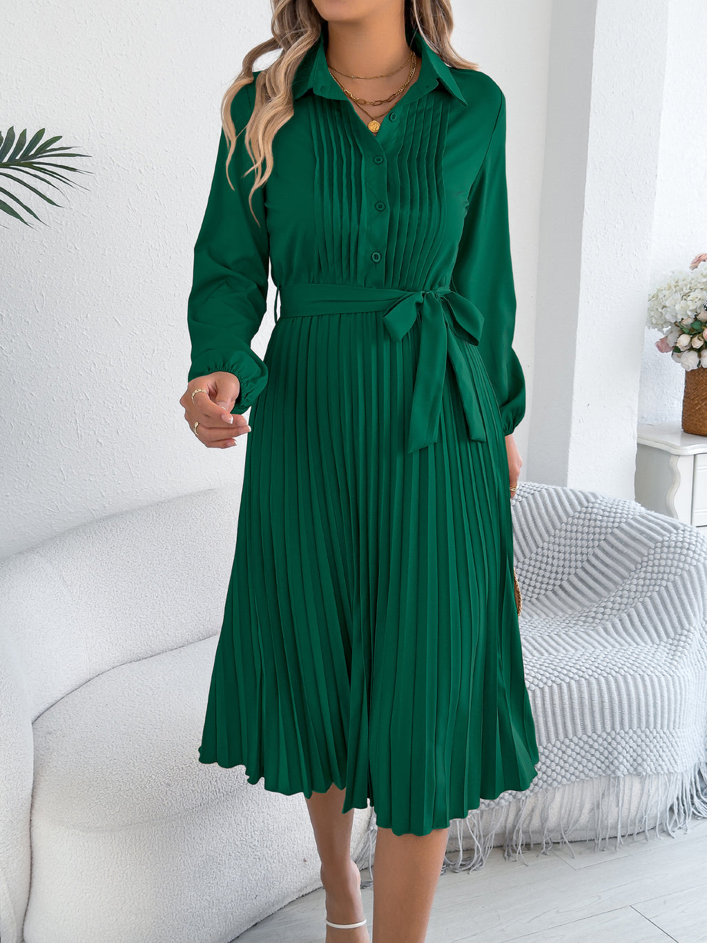 Collared Pleated Long Sleeve Midi Dress - Green - 1