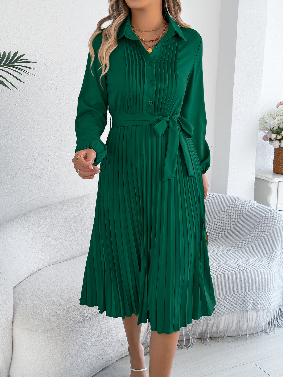 Collared Pleated Long Sleeve Midi Dress - Green - 1