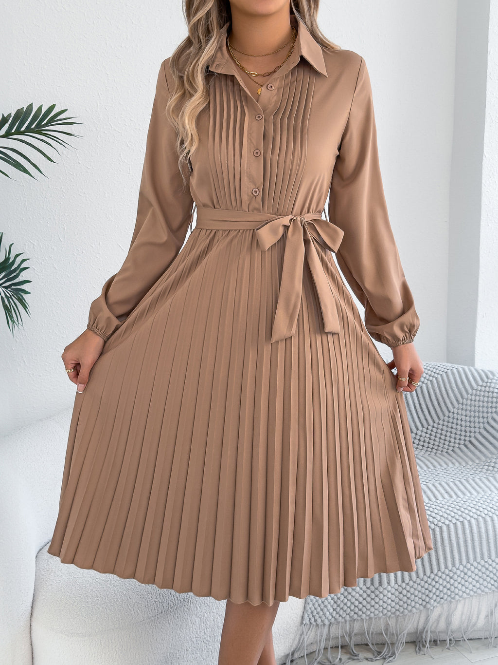 Collared Pleated Long Sleeve Midi Dress - Khaki