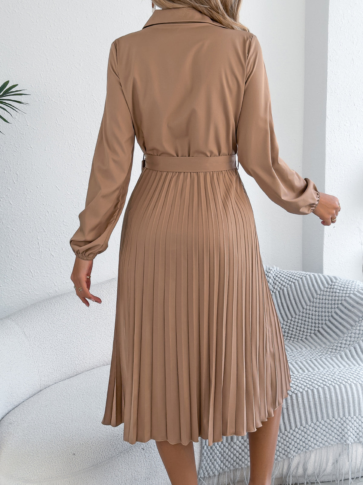 Collared Pleated Long Sleeve Midi Dress - Khaki - 1