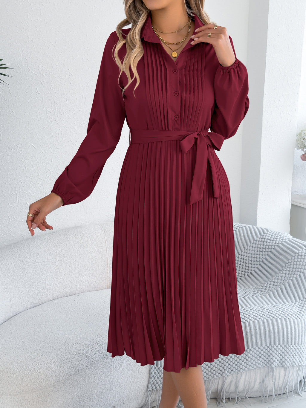 Collared Pleated Long Sleeve Midi Dress - Winered
