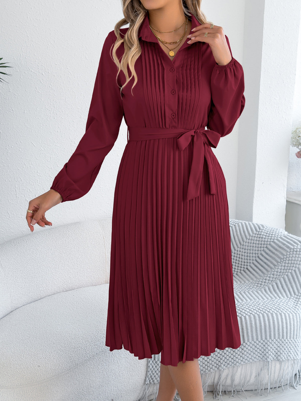 Collared Pleated Long Sleeve Midi Dress - Winered