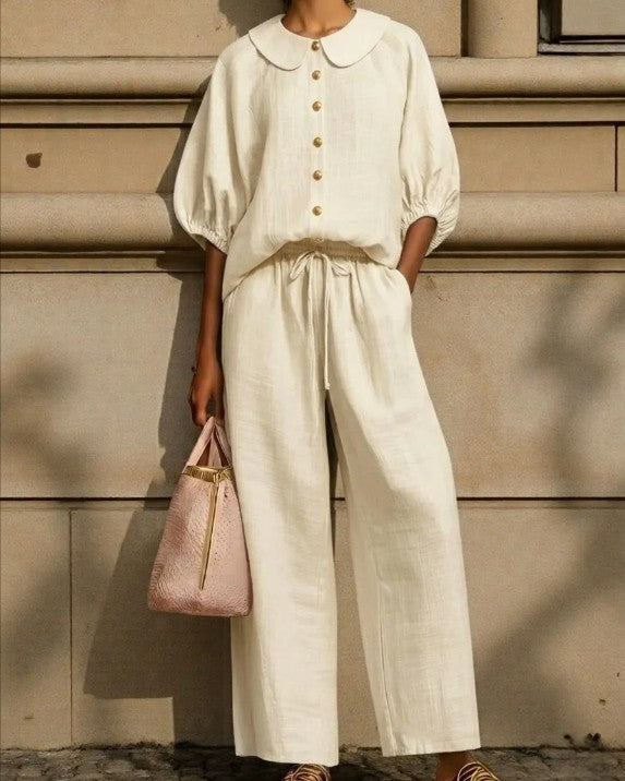 Puff Sleeve Blouse And Wide Leg Pants Set - Apricot