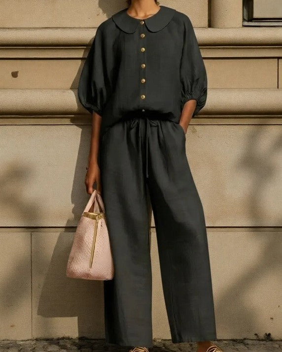 Puff Sleeve Blouse And Wide Leg Pants Set - Black
