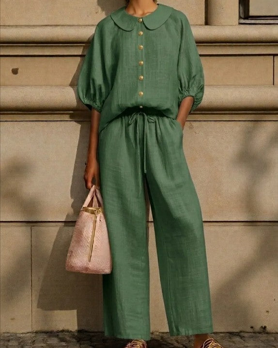 Puff Sleeve Blouse And Wide Leg Pants Set - Green