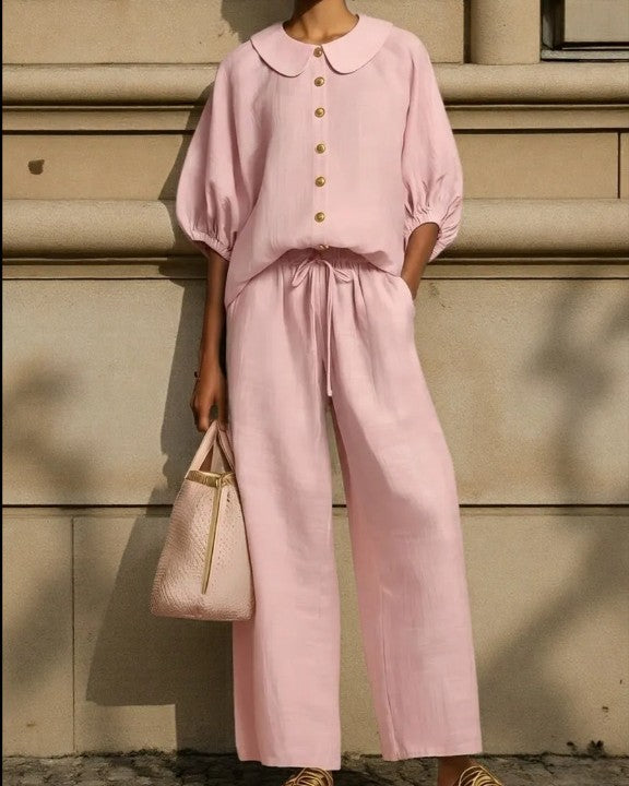 Puff Sleeve Blouse And Wide Leg Pants Set - Pink