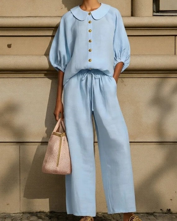 Puff Sleeve Blouse And Wide Leg Pants Set - Sky-Blue