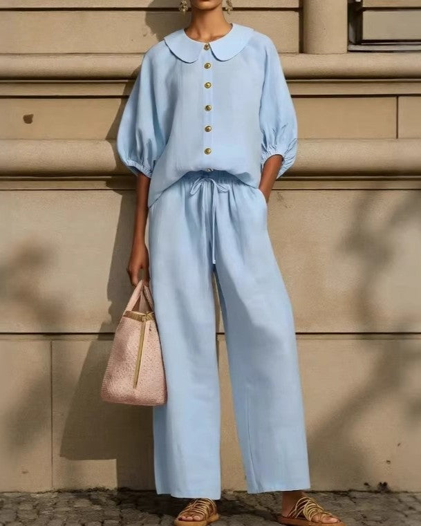 Puff Sleeve Blouse And Wide Leg Pants Set - Sky-Blue - 1