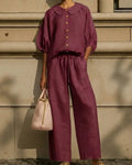 Puff Sleeve Blouse And Wide Leg Pants Set - Wine-Red