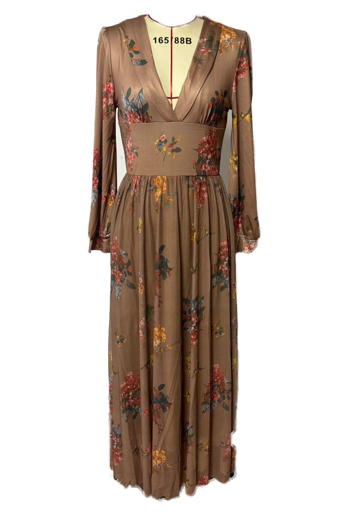Retro Floral Plunge Long Sleeve Maxi Dress - brown