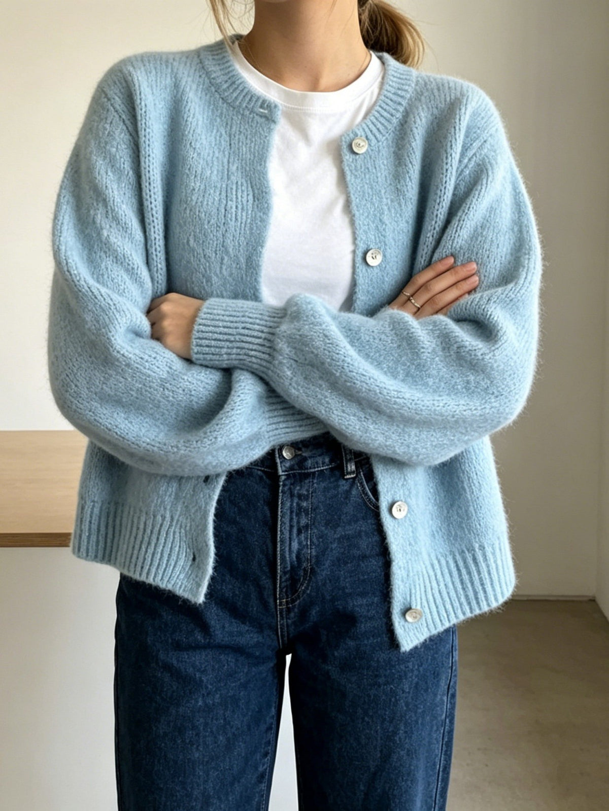 Brushed Knit Cardigan With Ribbed Cuffs - Blue