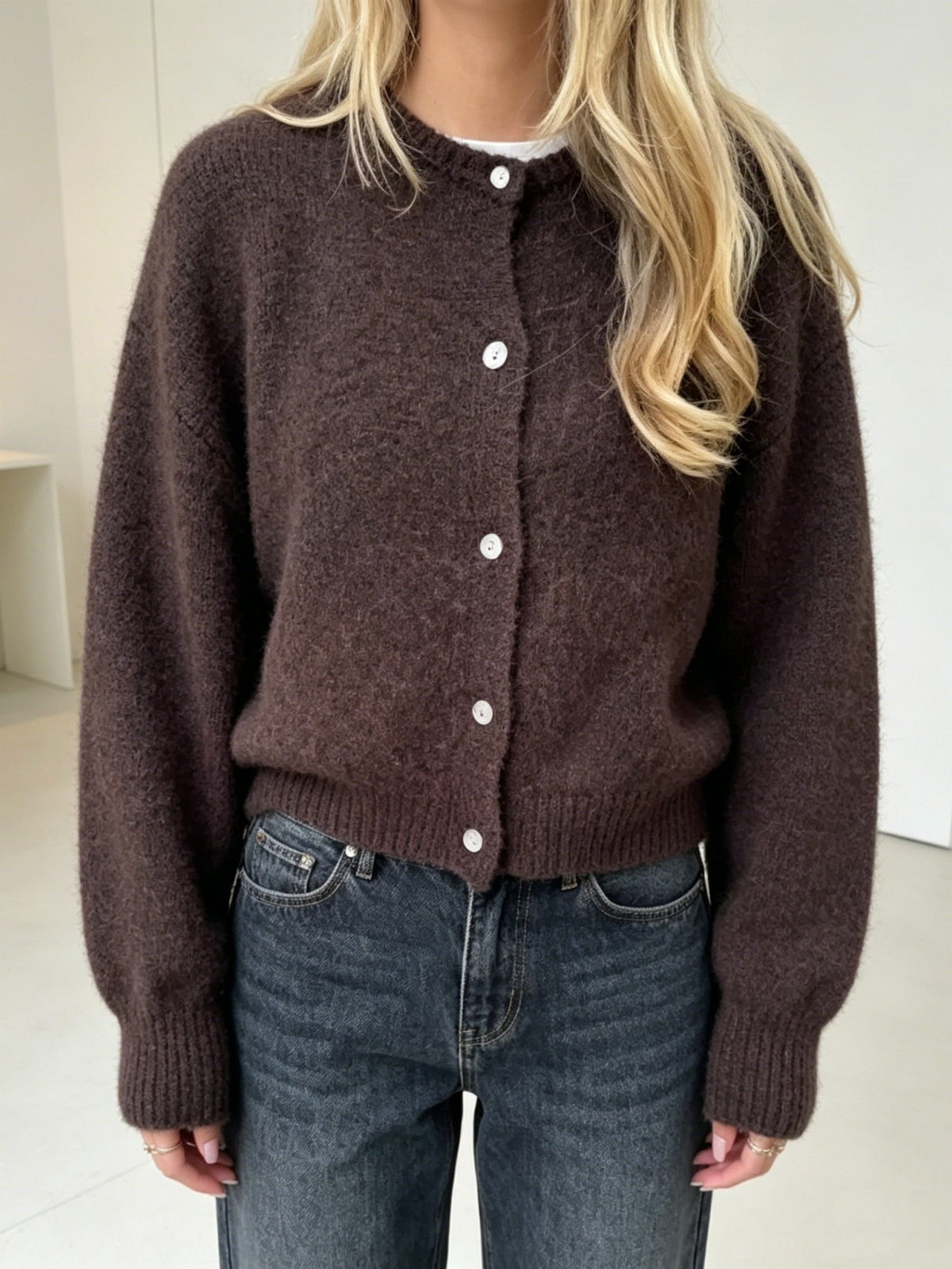 Brushed Knit Cardigan With Ribbed Cuffs - Brown