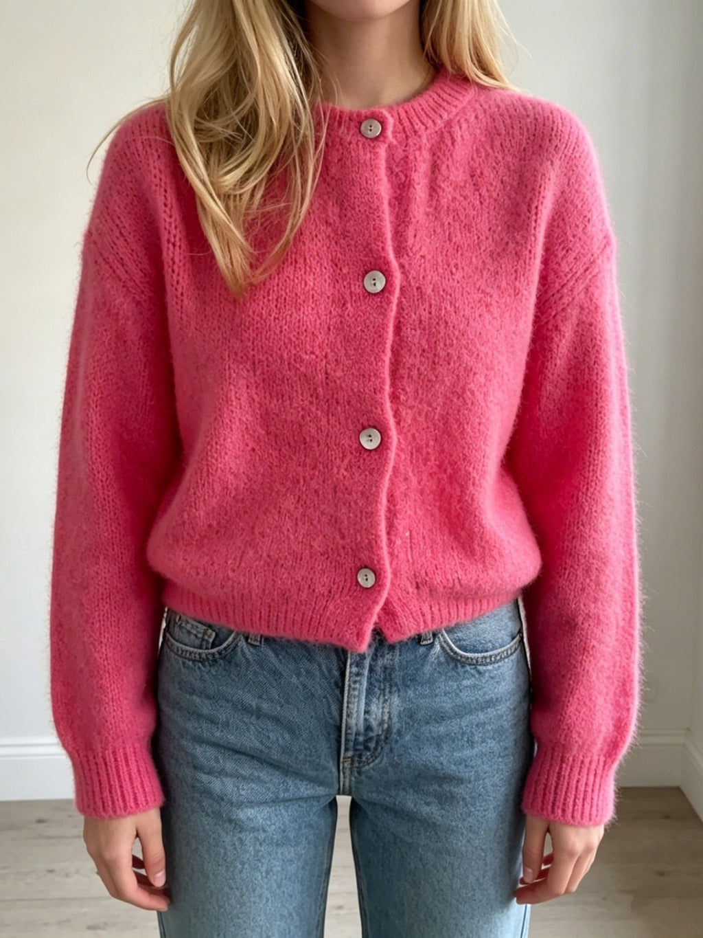 Brushed Knit Cardigan With Ribbed Cuffs - Fuchsia