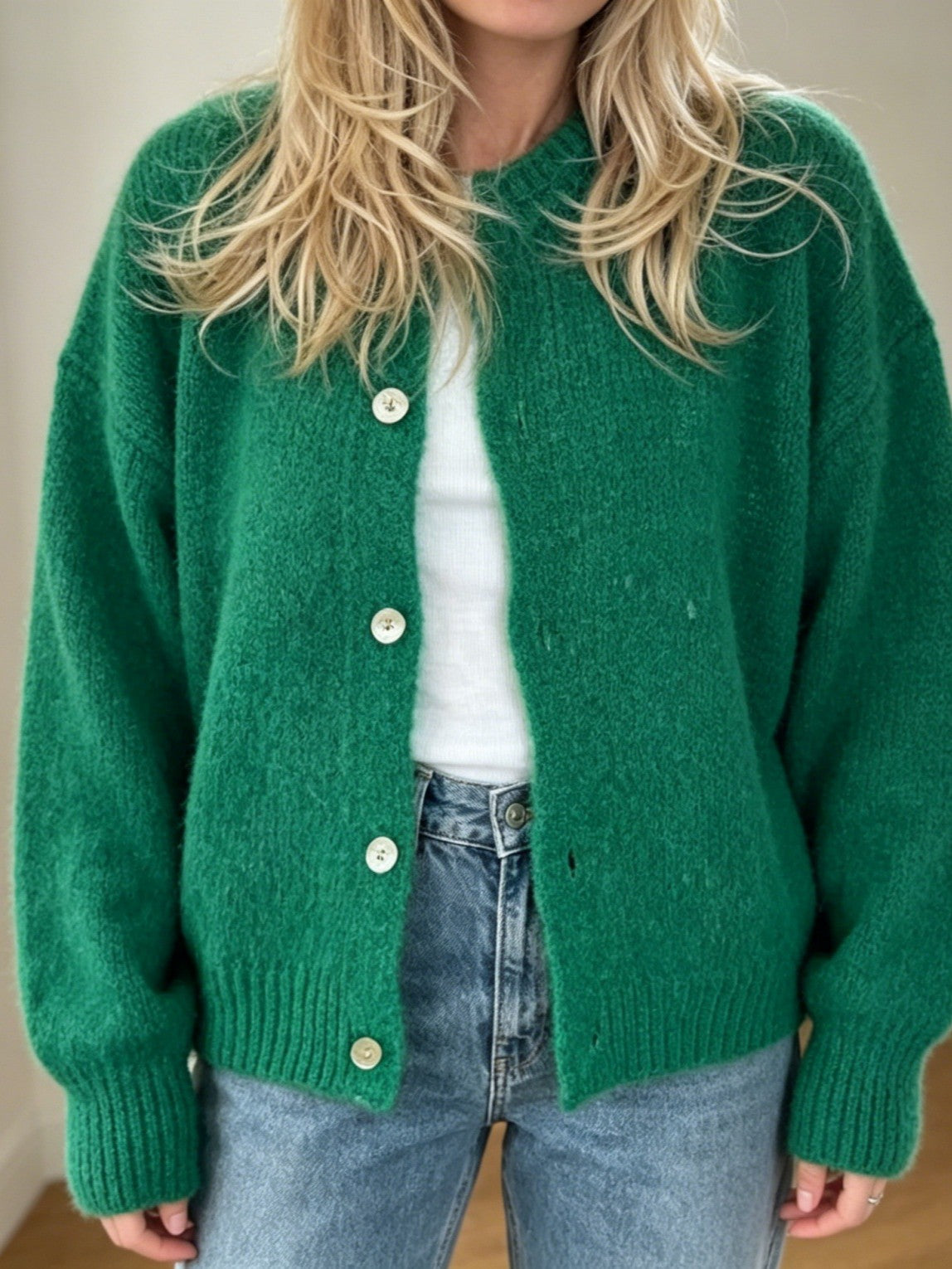 Brushed Knit Cardigan With Ribbed Cuffs - Green