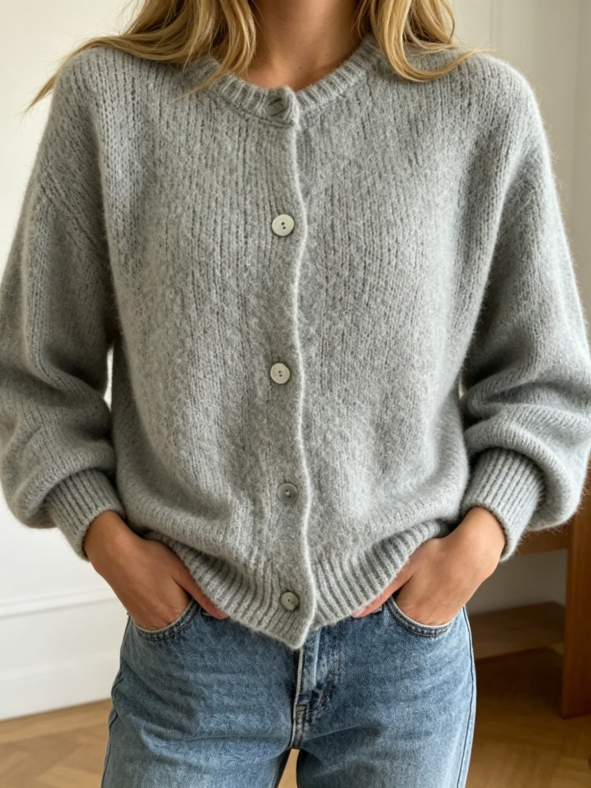 Brushed Knit Cardigan With Ribbed Cuffs - Grey