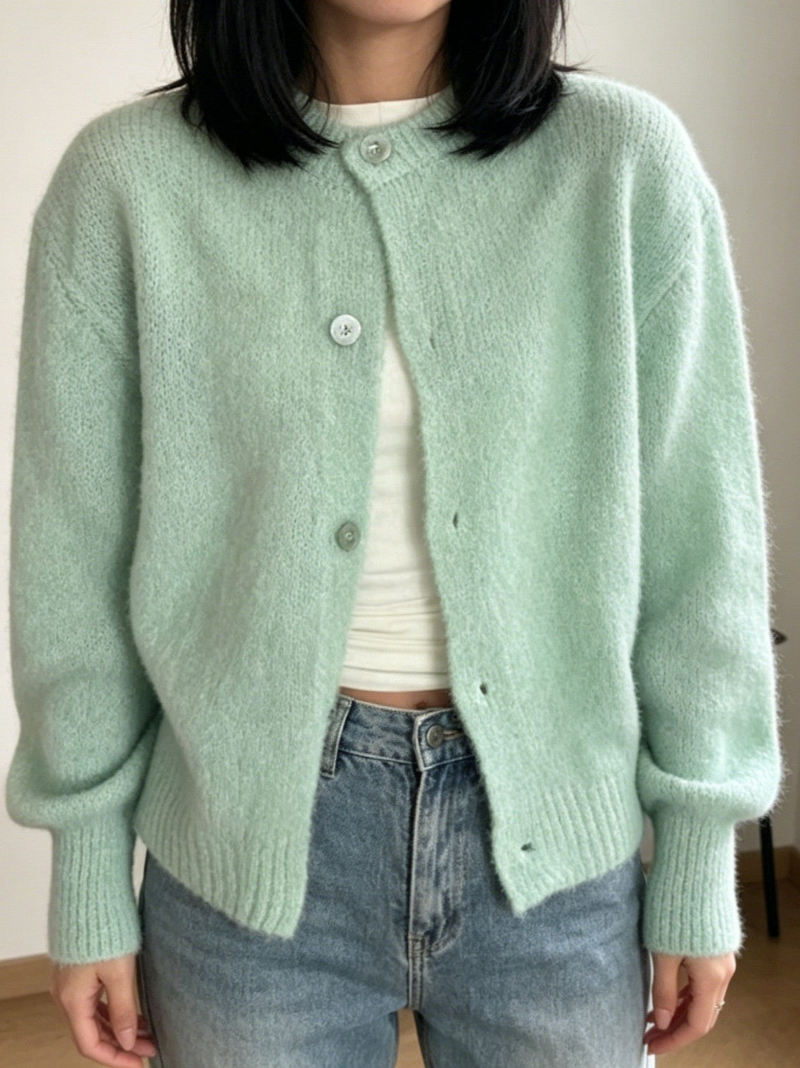 Brushed Knit Cardigan With Ribbed Cuffs - Mint