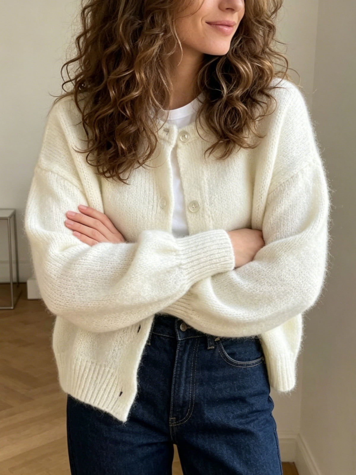Brushed Knit Cardigan With Ribbed Cuffs - OffWhite