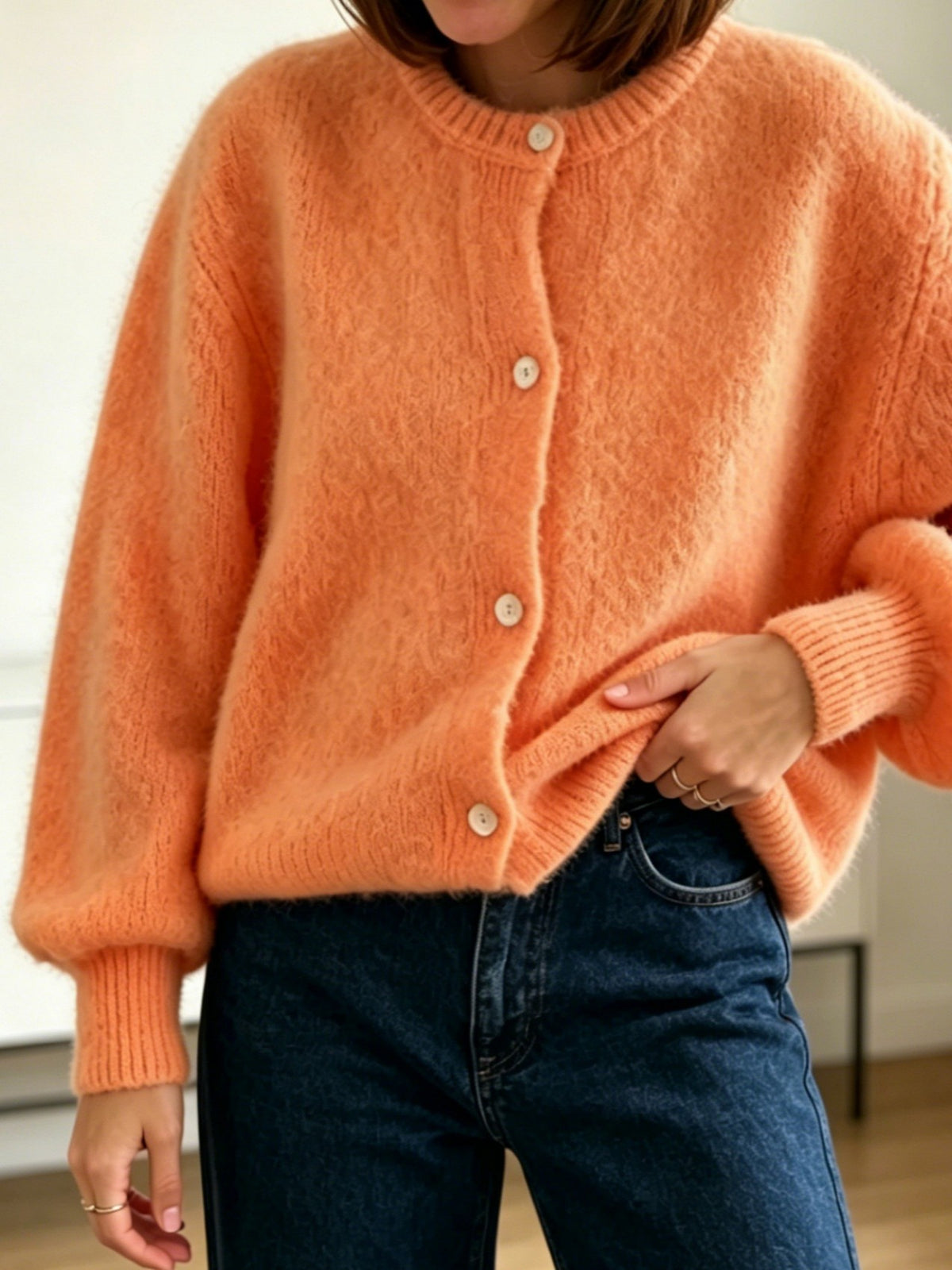 Brushed Knit Cardigan With Ribbed Cuffs - Orange