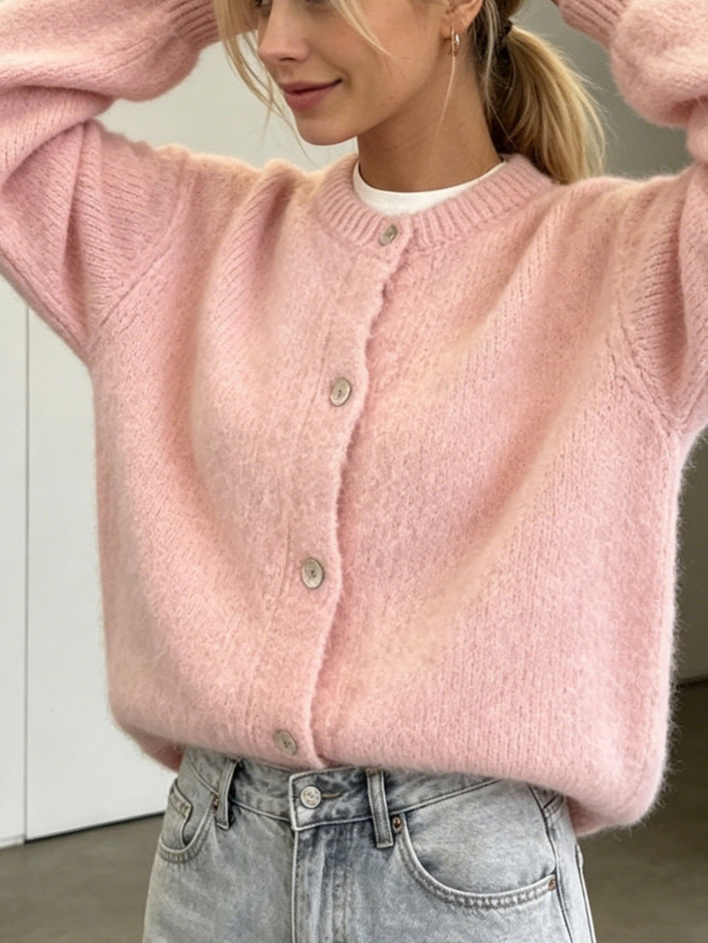 Brushed Knit Cardigan With Ribbed Cuffs - Pink