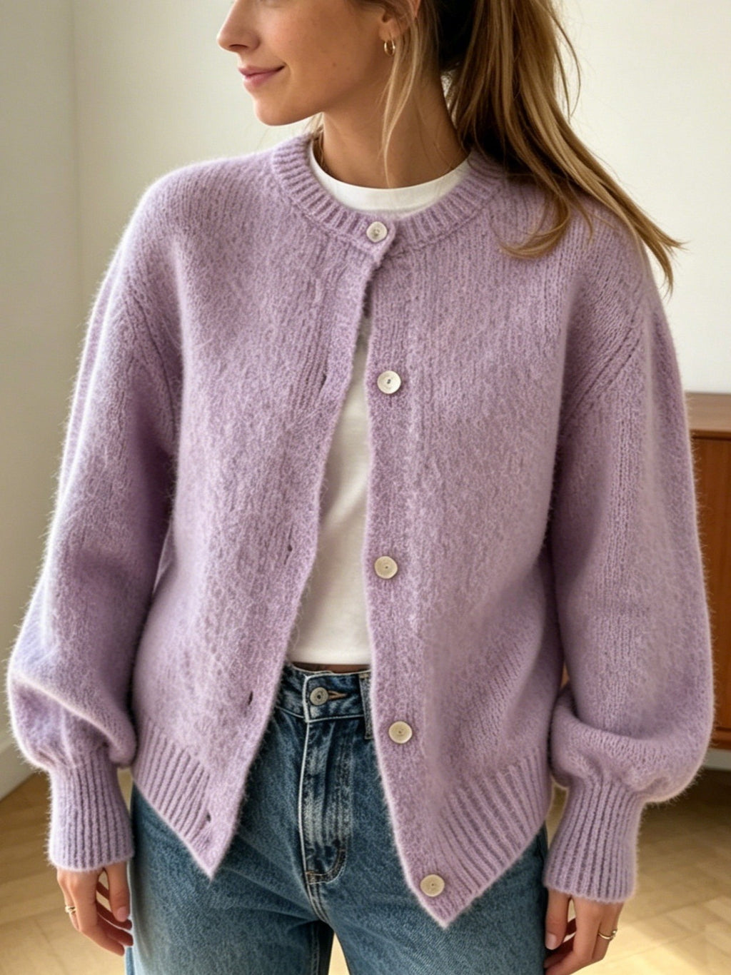 Brushed Knit Cardigan With Ribbed Cuffs - Purple