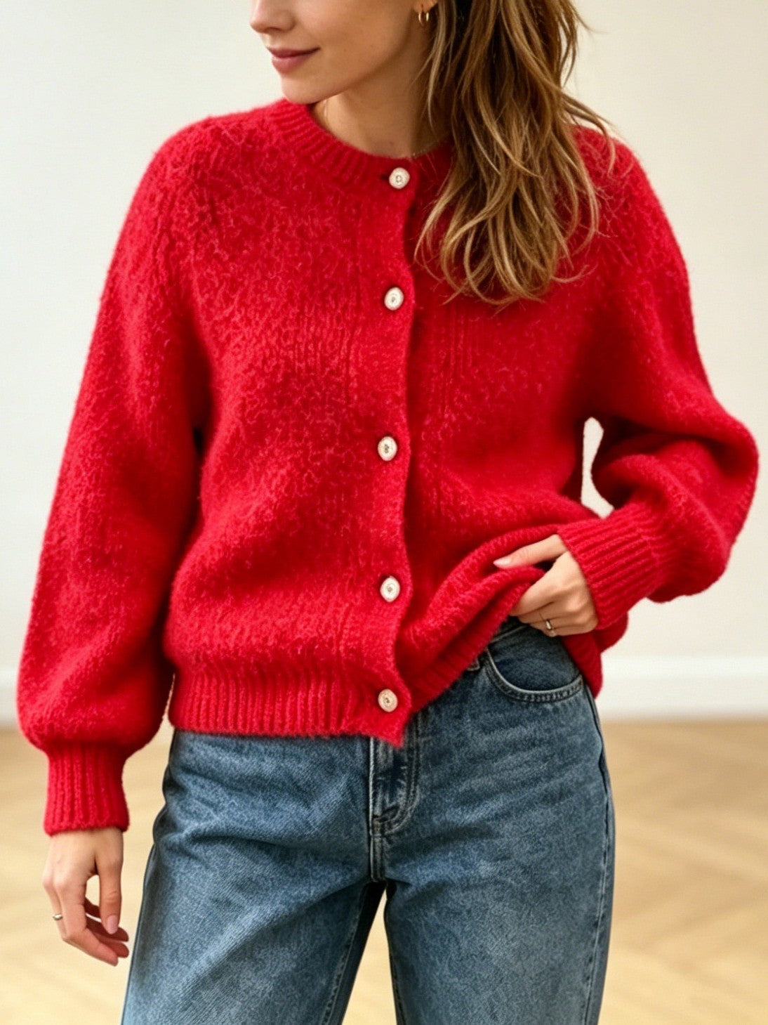 Brushed Knit Cardigan With Ribbed Cuffs - Red