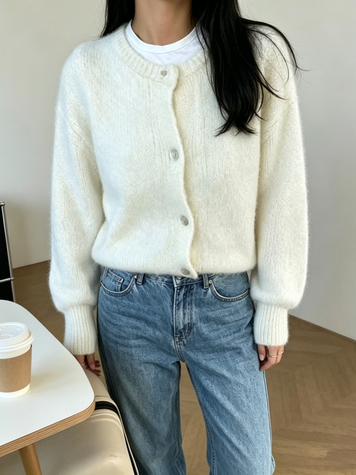 Brushed Knit Cardigan With Ribbed Cuffs - White