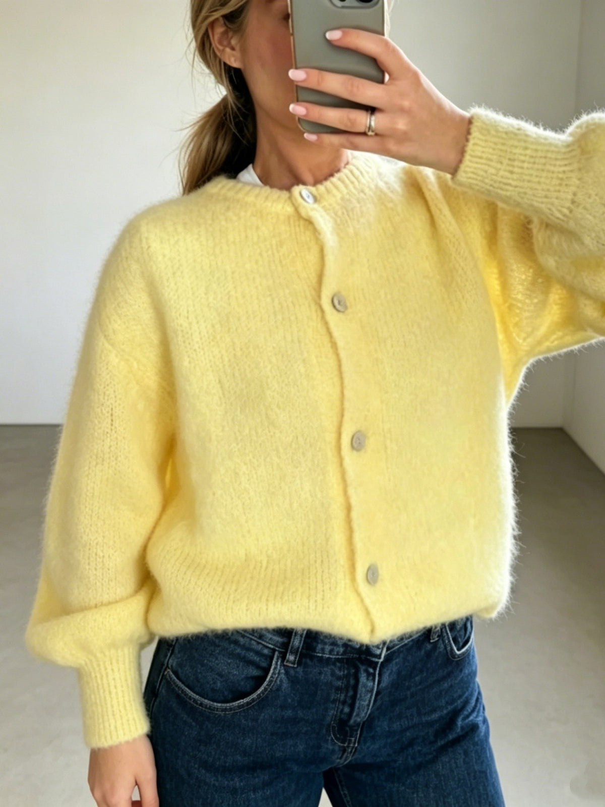 Brushed Knit Cardigan With Ribbed Cuffs - Yellow