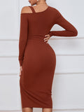 One Shoulder Ruched Ribbed Midi Dress - Caramel