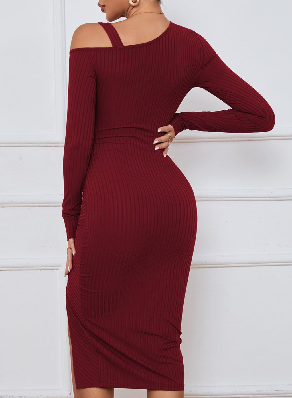 One Shoulder Ruched Ribbed Midi Dress - Red - 3