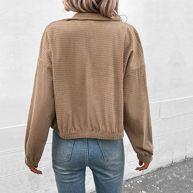 Corduroy Snap Front Cropped Jacket - Brown - 1
