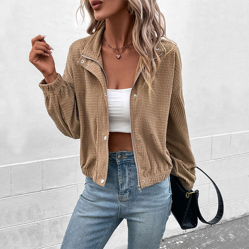 Corduroy Snap Front Cropped Jacket - Brown - 2