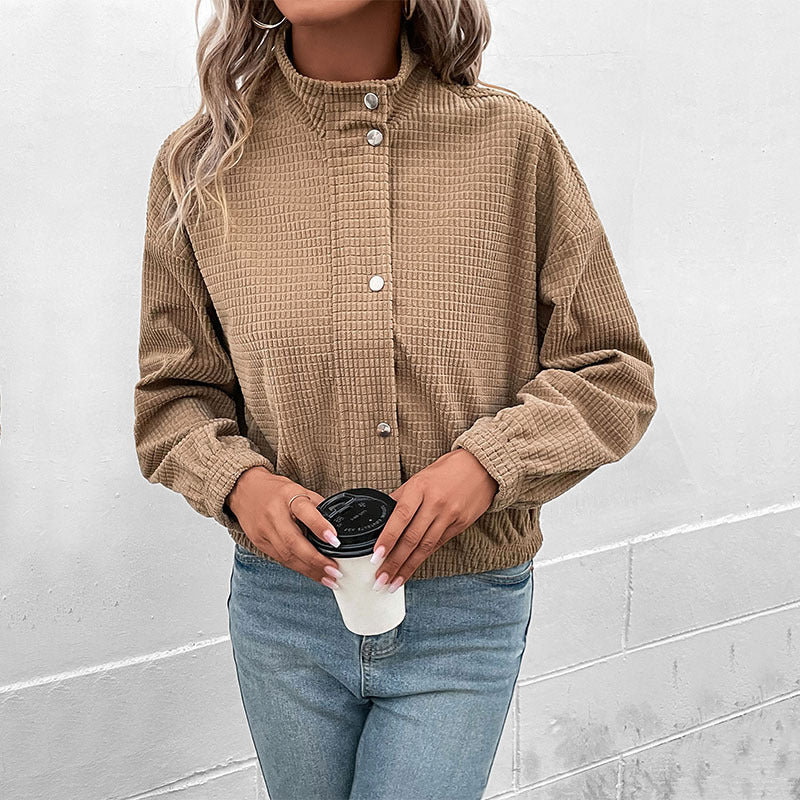 Corduroy Snap Front Cropped Jacket - Brown - 3