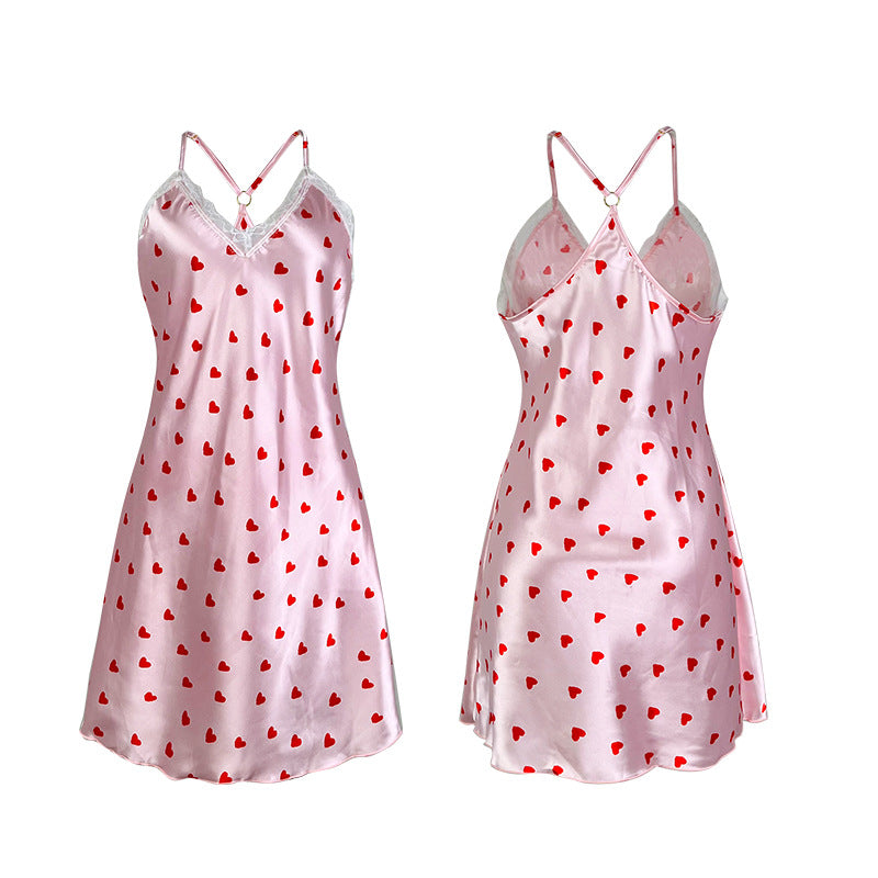 Heart Print Satin Slip Mini Dress - Pink - 1