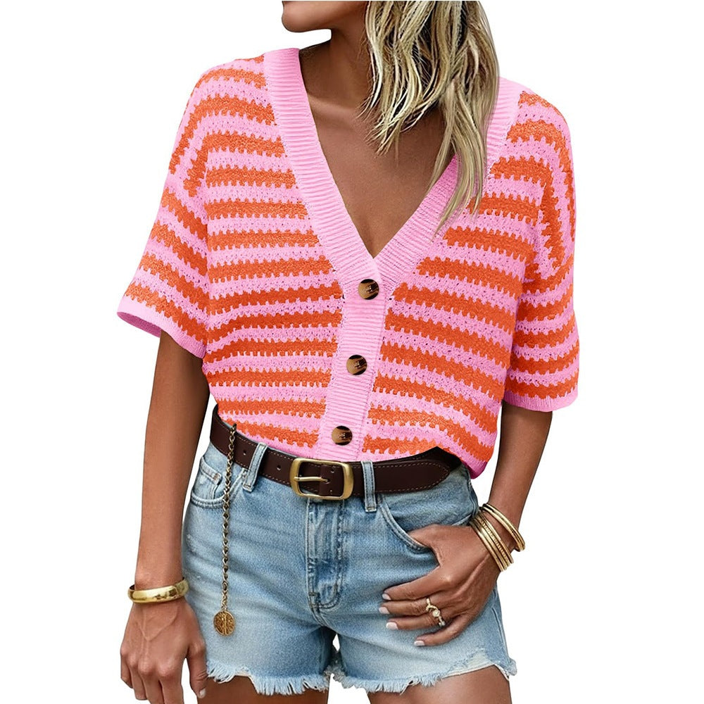 Button Front Striped Short Sleeve Knit Top - Pink