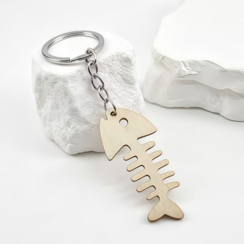 Wooden Fish Skeleton Keychain Bag Charm - Beige